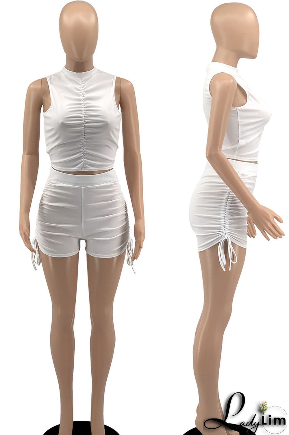 White Sexy Solid Bandage Split Joint Fold O Neck Sleeveless Two Pieces