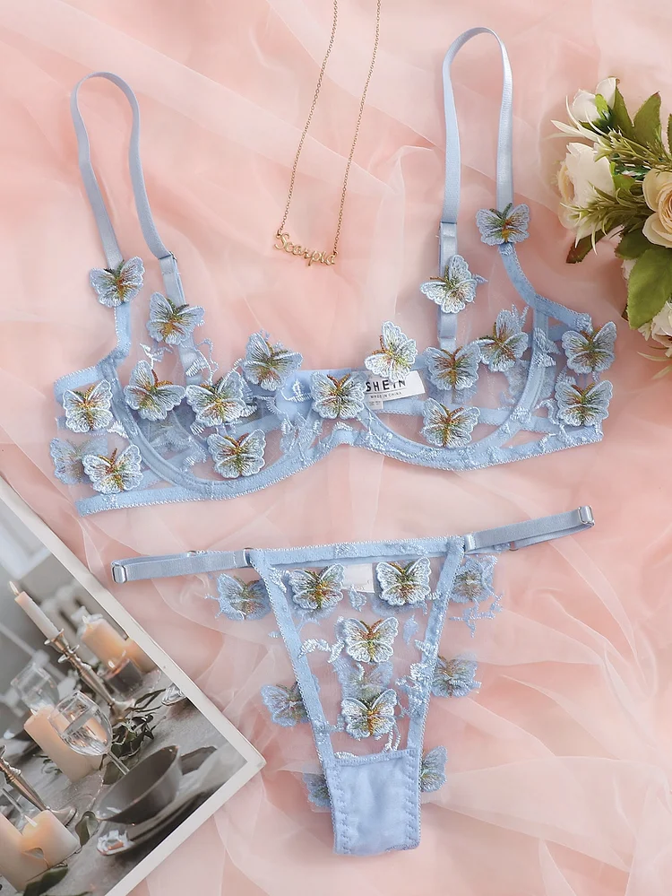 Butterfly Appliques Embroidery Mesh Underwire Lingerie Set