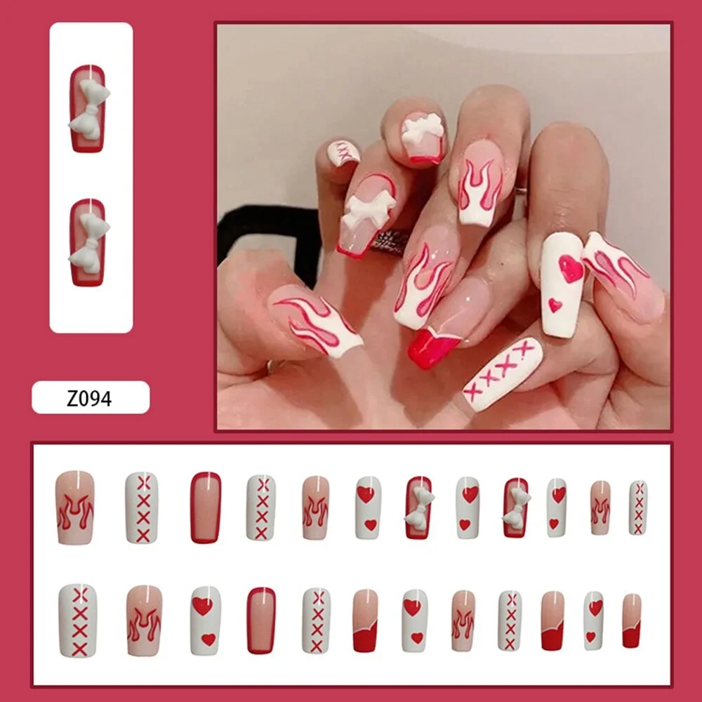 24pcs Fake Nails With Design Flame Print Nail Patch Glue Type Removable Long Paragraph Fashion Manicure False Nail Patch