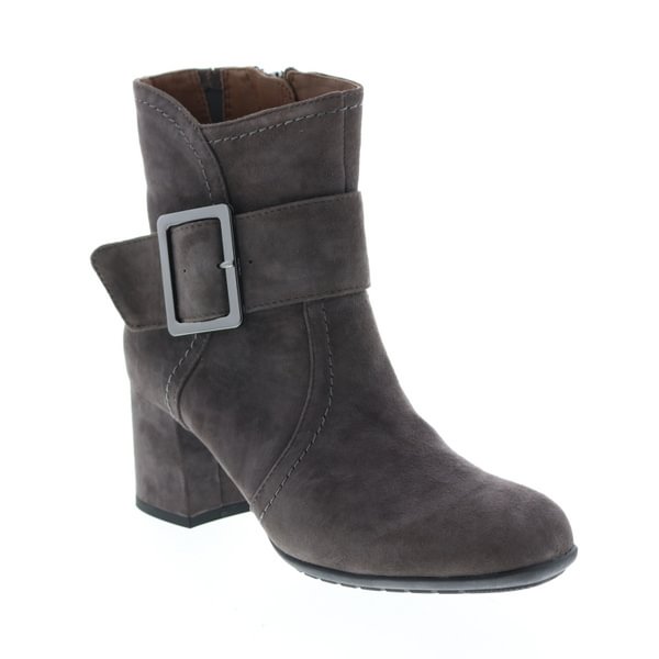 Earthies Athena Short Boot Heel ATHENA-DSL Womens Gray Suede Booties Boots - Shop Trendy Women's Clothing | LoverChic