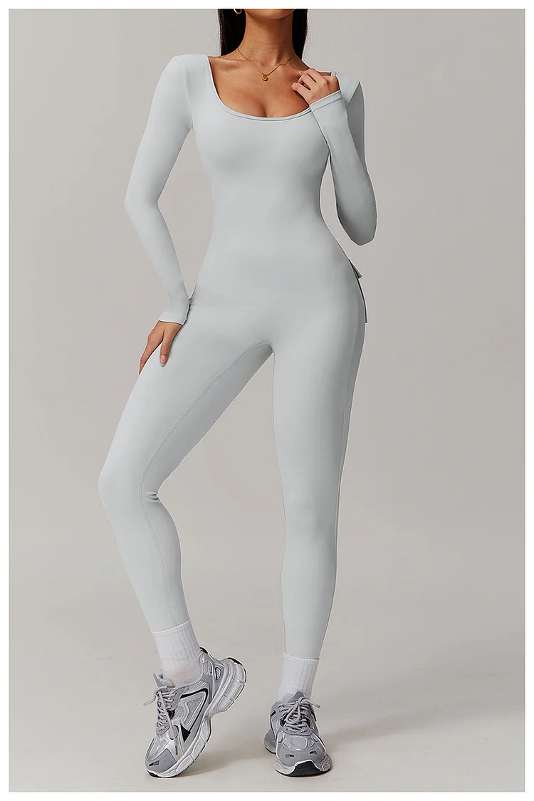 PASUXI Slim-Fit Yoga Jumpsuit with Long Sleeves and Pockets - Perfect for Fitness and Running huanwei