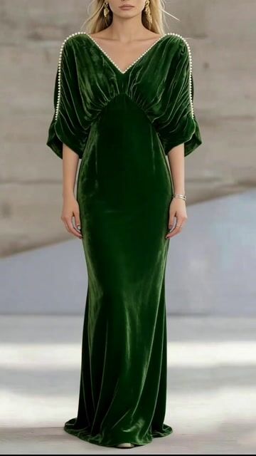 Women Green V Neck Nail Bead Patchwork Wrinkled Velour Dress Spring