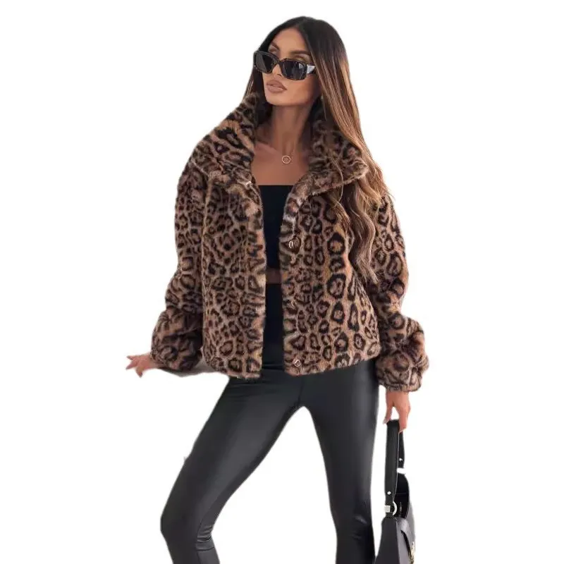Women Leopard Print Faux Fur Jacket