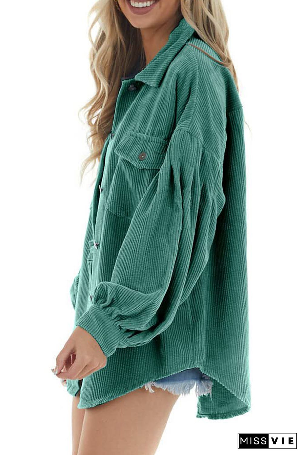 Lantern Sleeve Button Pockets Corduroy Shirt