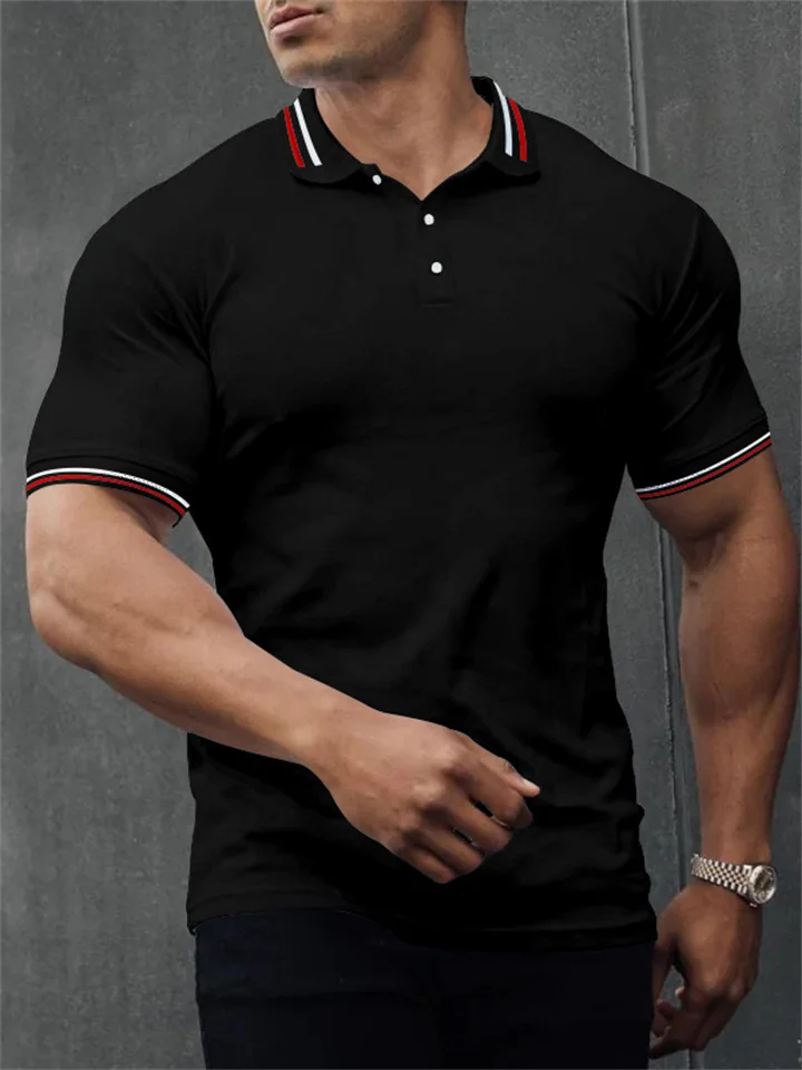 Solid Color Men's Summer New Men's Collar Cuff Stripes Stitching Fashion Casual Breathable Short-sleeved Polo Shirt Men-Cosfine