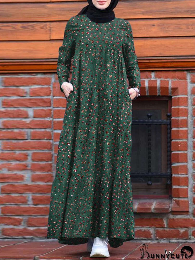 Floral Print Pocket Long Sleeve Casual Maxi Dress For Women