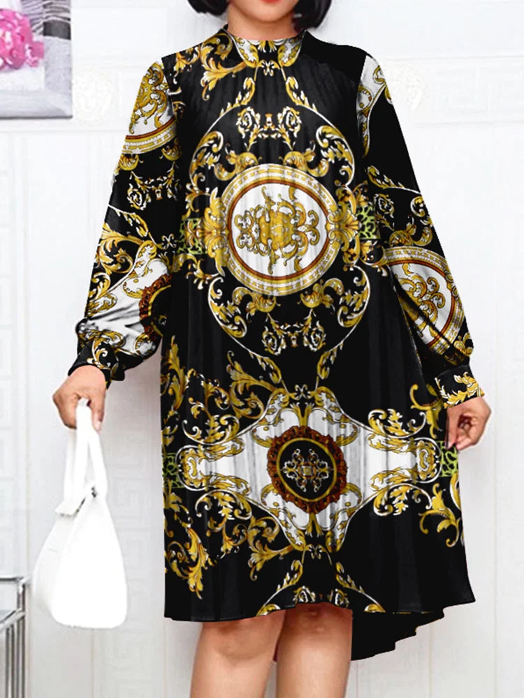 Large size printed round neck long sleeves pleated women's dress SKUI30340 QueenFunky