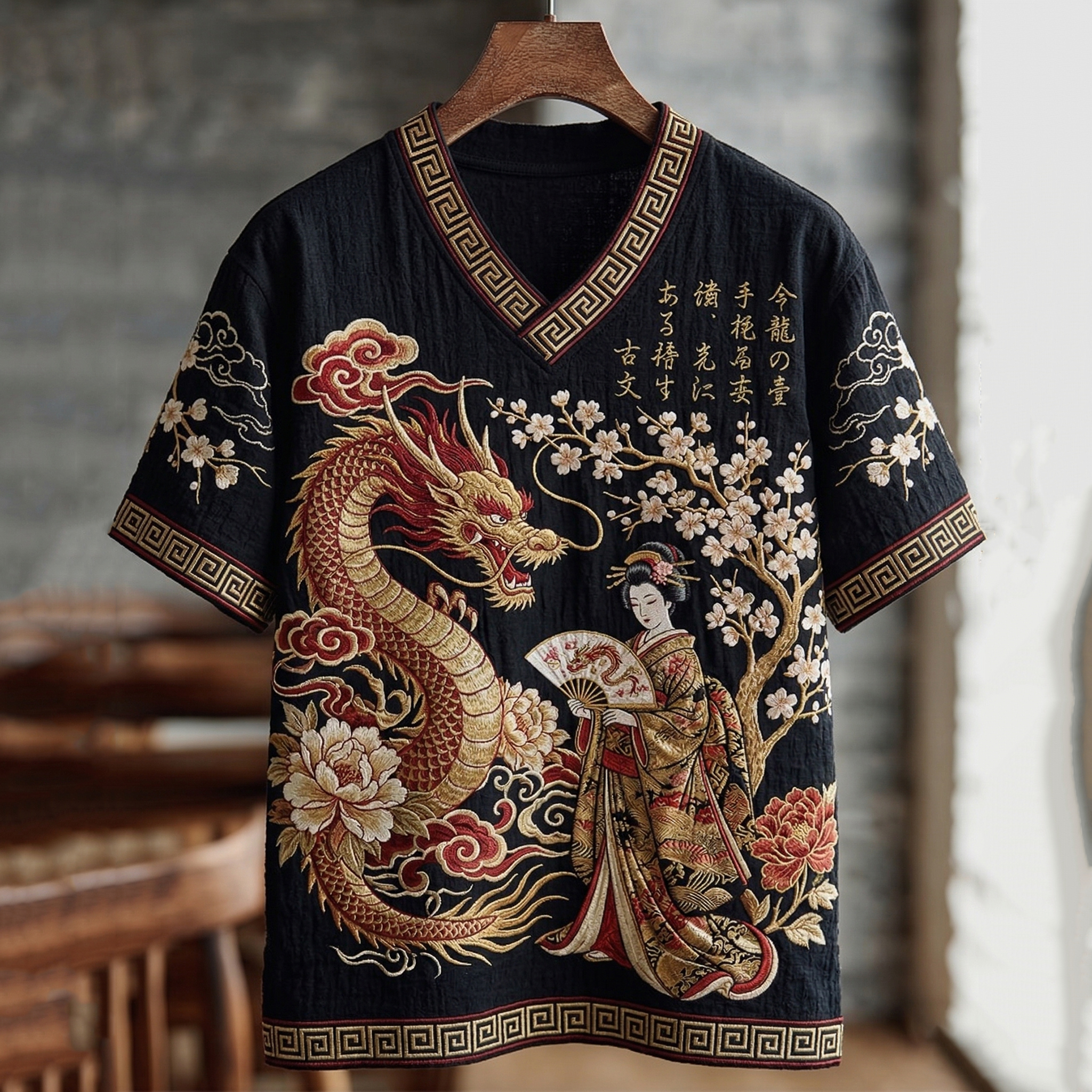 Vintage Elegant Japanese Geisha And Dragon Art Printed V Neck Short-sleeve Tops elevenforest