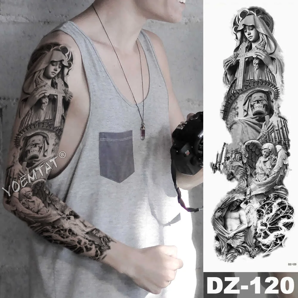 Large Arm Sleeve Tattoo Sketch Lion Tiger Waterproof Temporary Tattoo Sticker Crow Warrior Soldier Men Full Skull Totem Tattoo