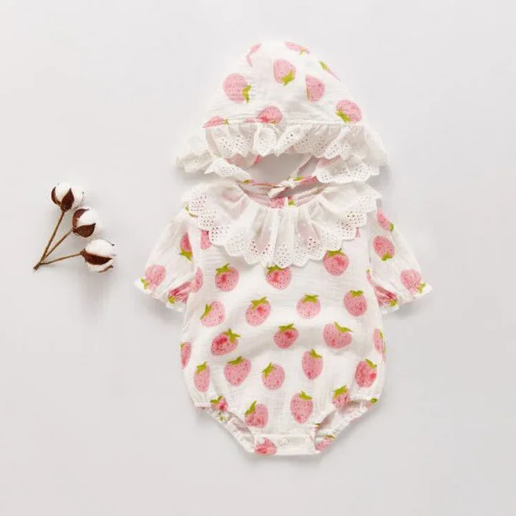 Baby Strawberry Lace Collar Bodysuit with Hat