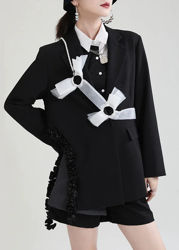 Fitted Black PeterPan Collar Patchwork asymmetrical design Fall Long sleeve Coat