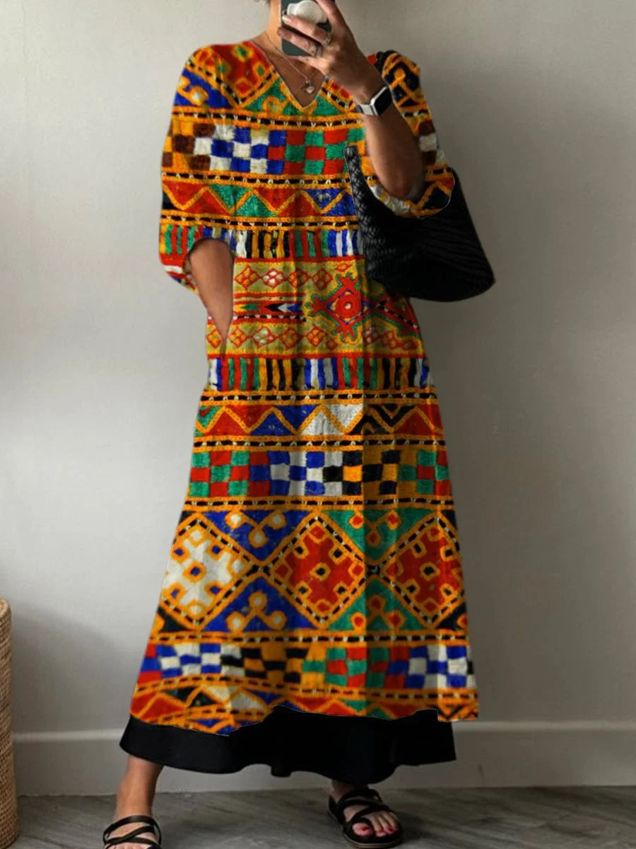 Women's Vintage Ethnic Geometric Pattern Art Print Pocket V-neck Cotton Dress