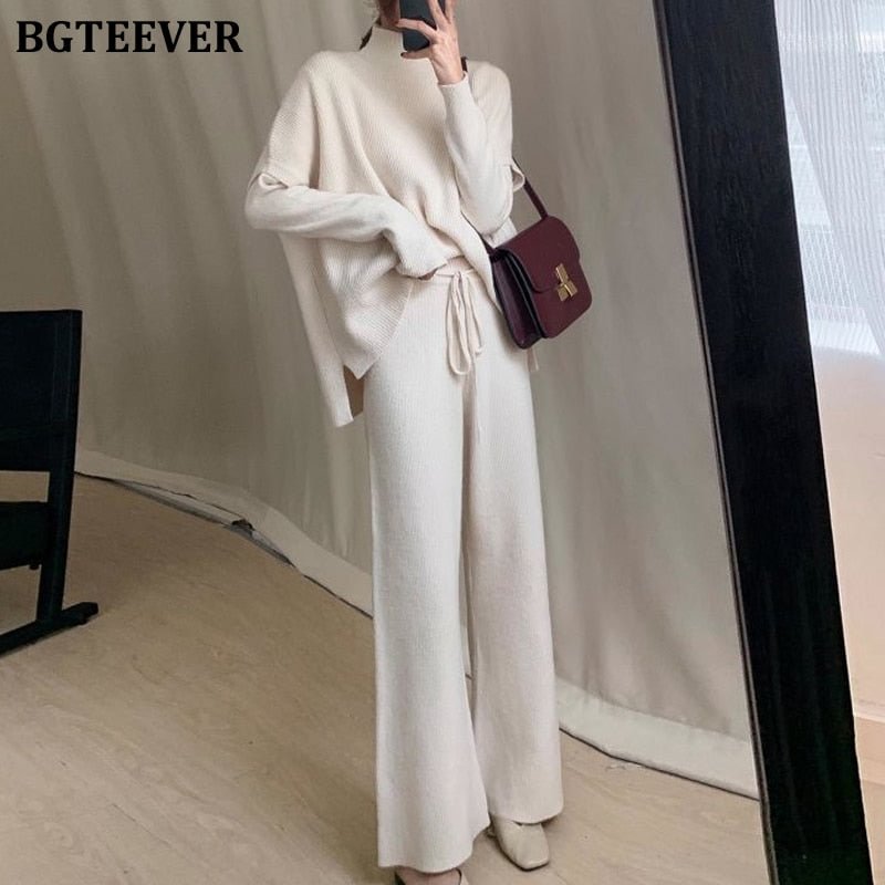 BGTEEVER Winter 3 Pieces Sweater Set Women Half Turtleneck Vest & O-neck Pullovers & Lace-up Loose Pants 2020 Female Knitted Set