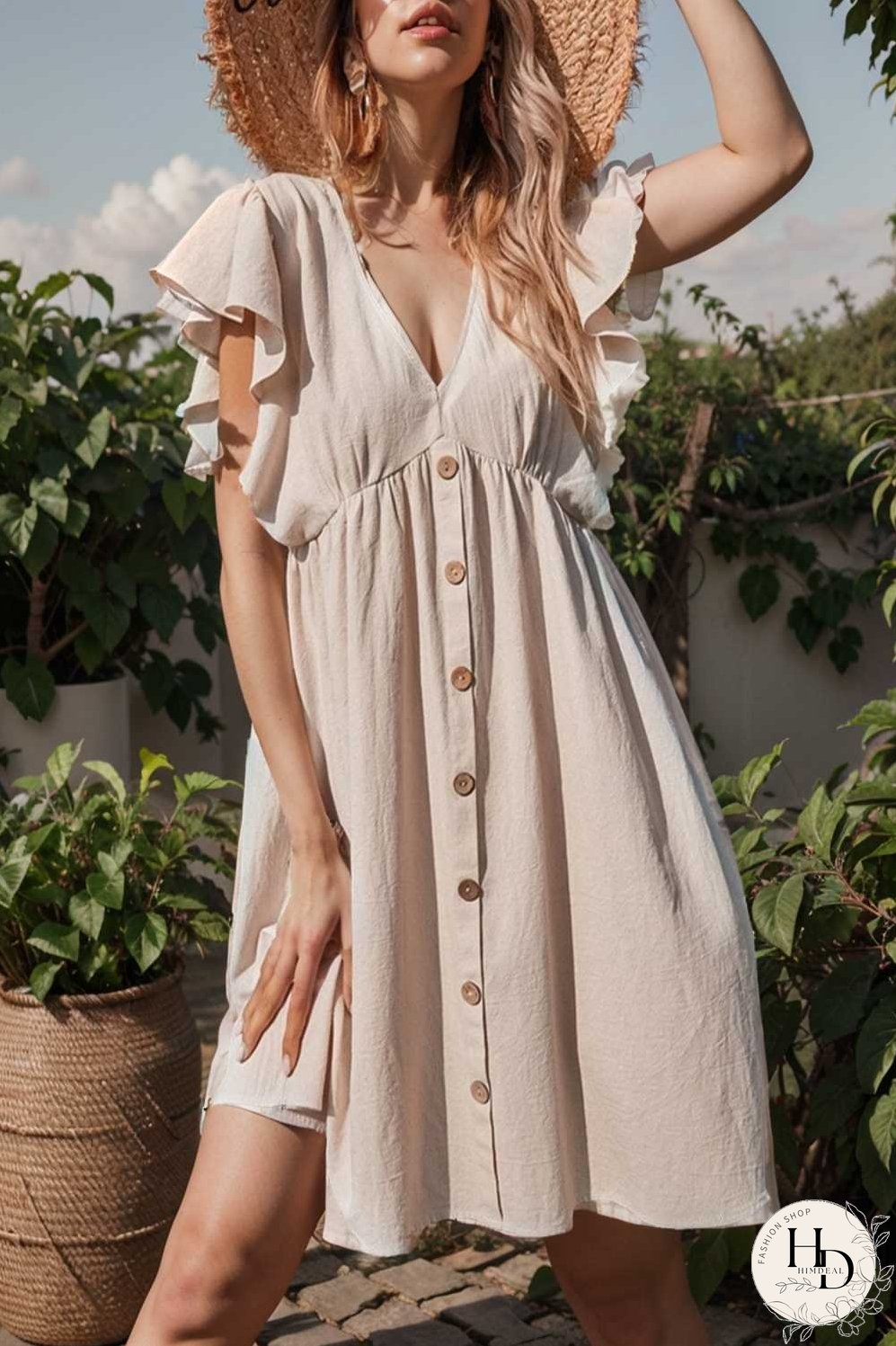 v neck button up all match fashion mini dress