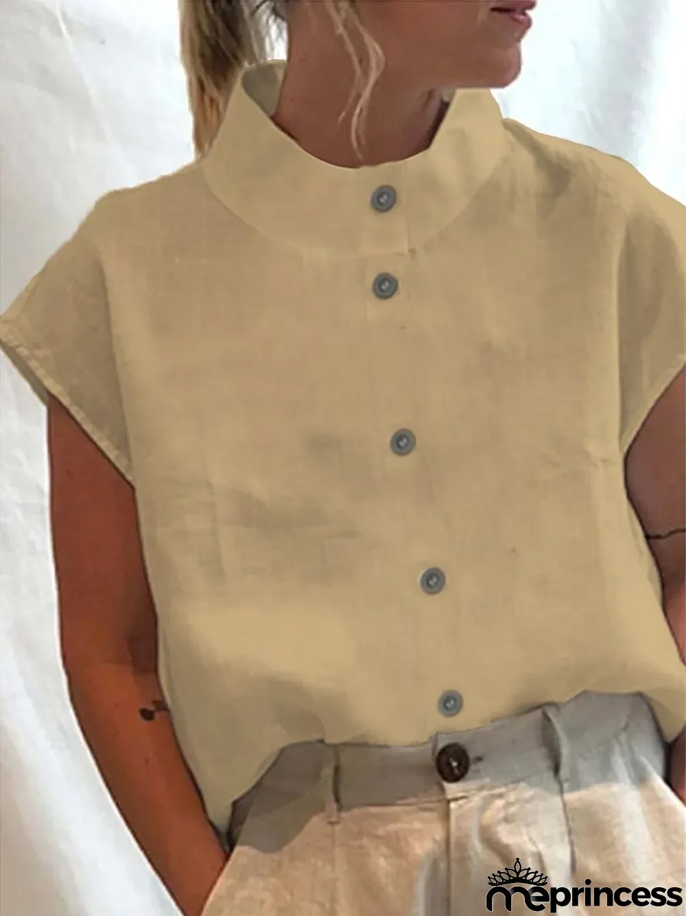 Solid Color Half Turtleneck Button Down Casual Shirt