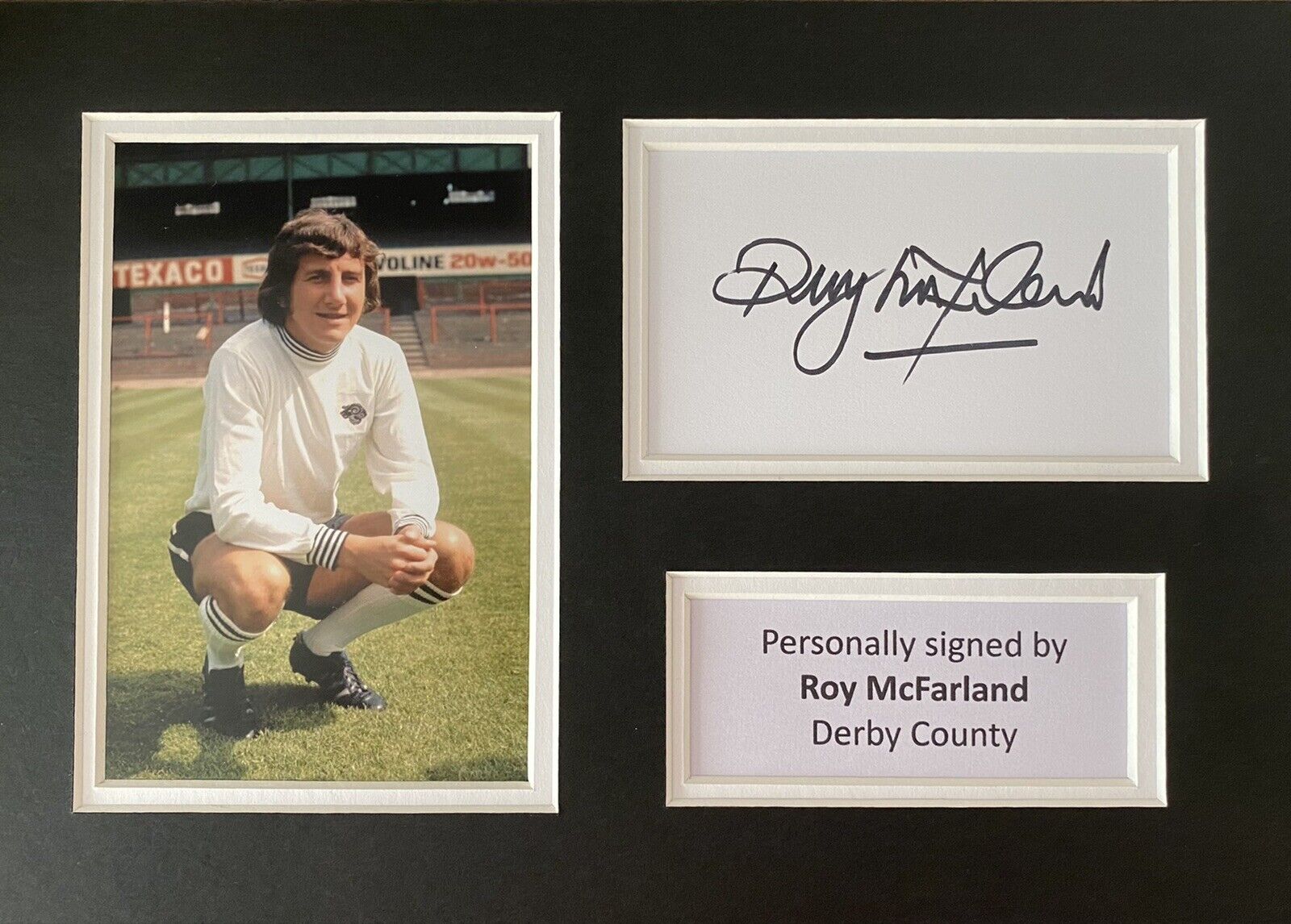 Roy McFarland Hand Signed White Card In A4 Derby County Mount Display