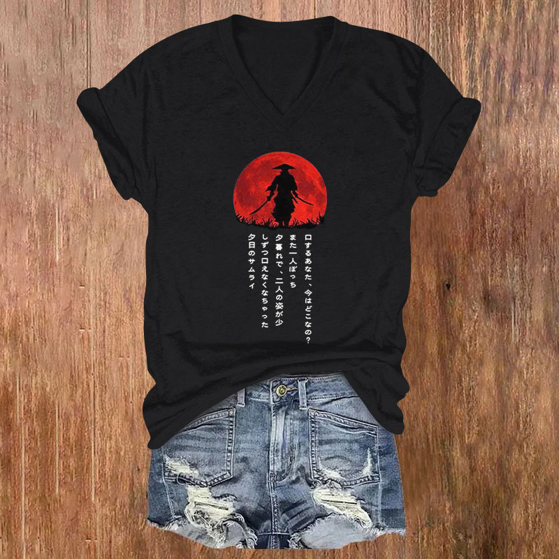 Comstylish Japanese Samurai Print Casual V-Neck T-Shirt