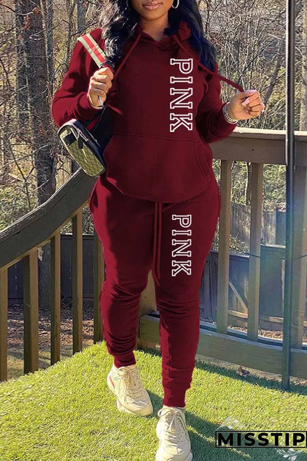 Burgundy Casual Print Letter Hooded Collar Long Sleeve Two Pieces