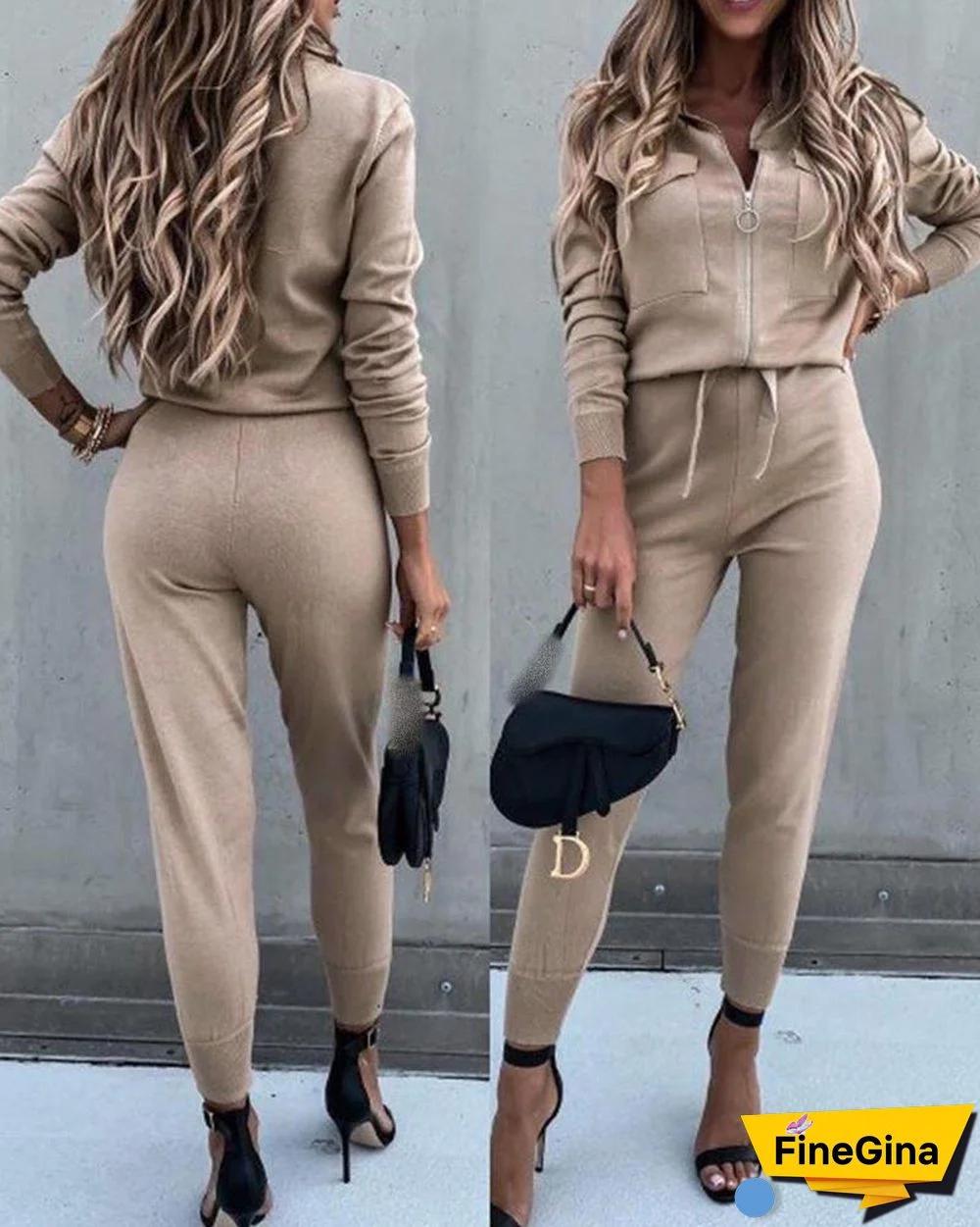 Zipper Pocket Design Long Sleeve Top & Drawstring Pants Set P16463