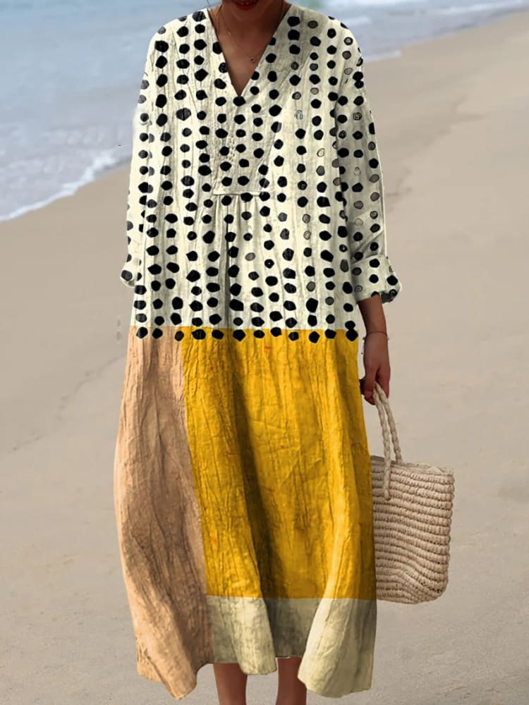 Comstylish Women's Vintage Geometric Line Art Print Cotton Dress