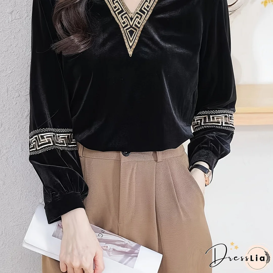 Contrast Trim Velvet Sweatshirt, Casual Long Sleeve V Neck Top, Women's Clothing
