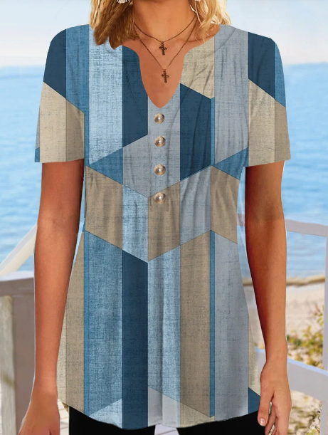 Women Short Sleeve V-neck Plaid Printed Buttons Tops