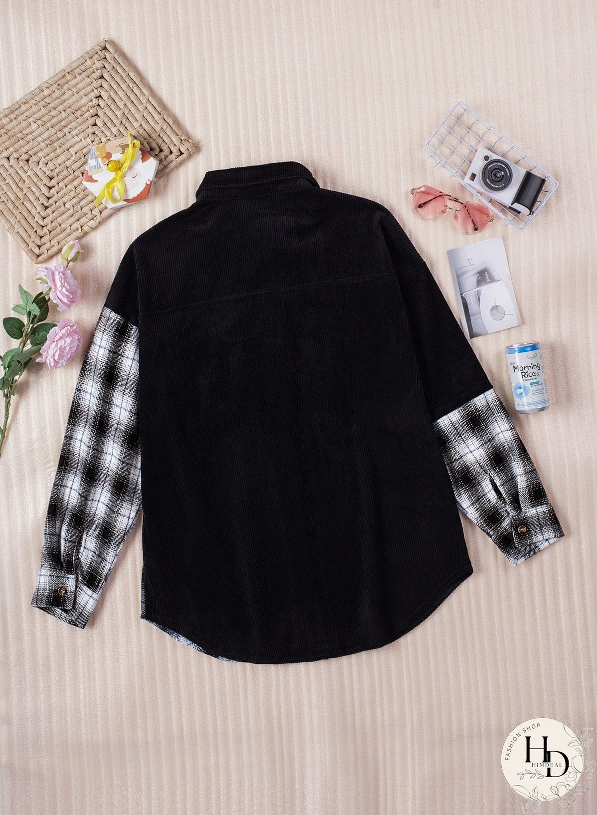 Double Take Plaid Color Block Dropped Shoulder Corduroy Shacket