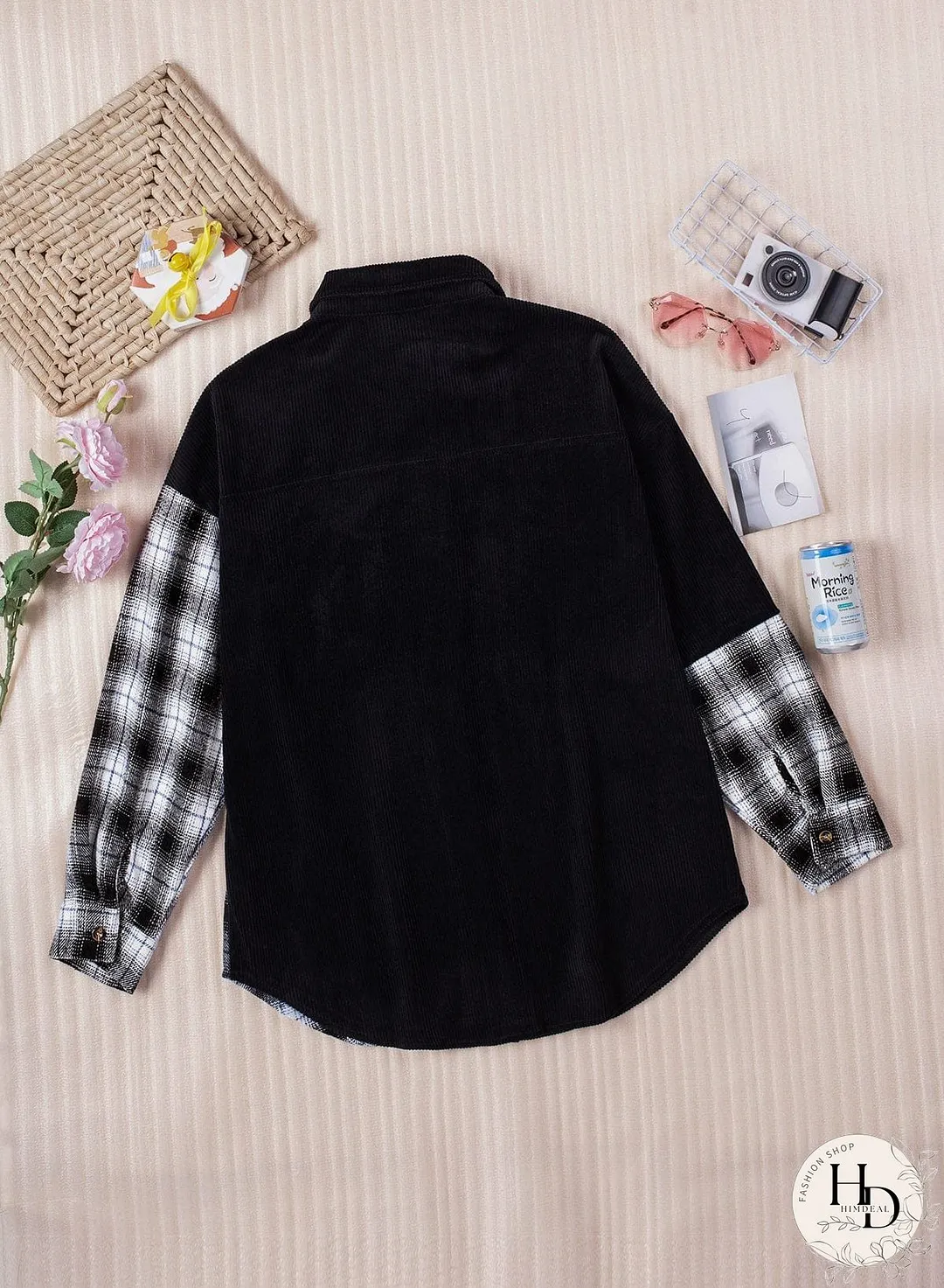 Double Take Plaid Color Block Dropped Shoulder Corduroy Shacket