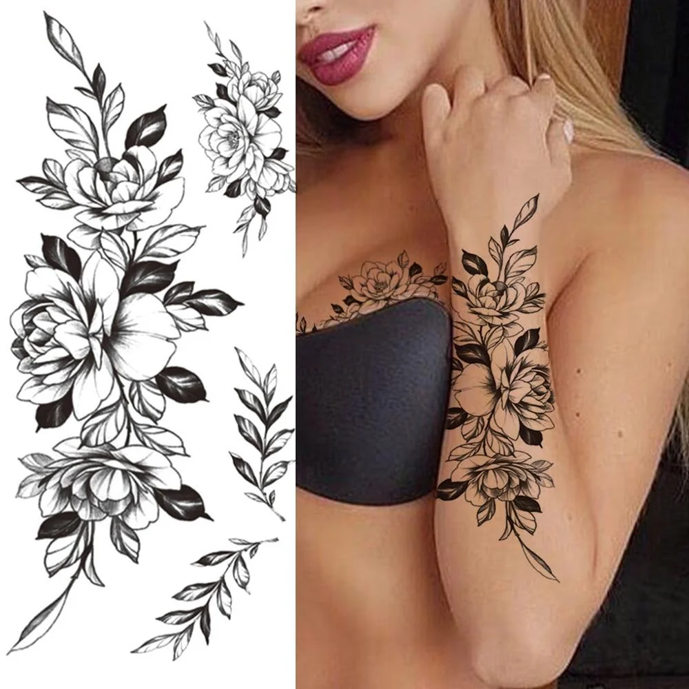 Large Realistic Flower Fake Tattoo Stickers For Woman Female Azalea Snake Flower Temporary Tattoos Body Art Water Transfer Tatoo 1103