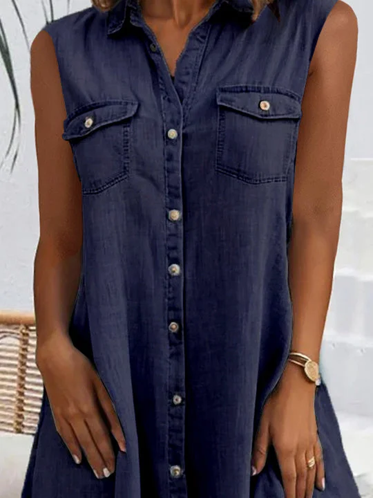 Women Sleeveless Shirt Collar Solid Button Pockets Denim Midi Dress