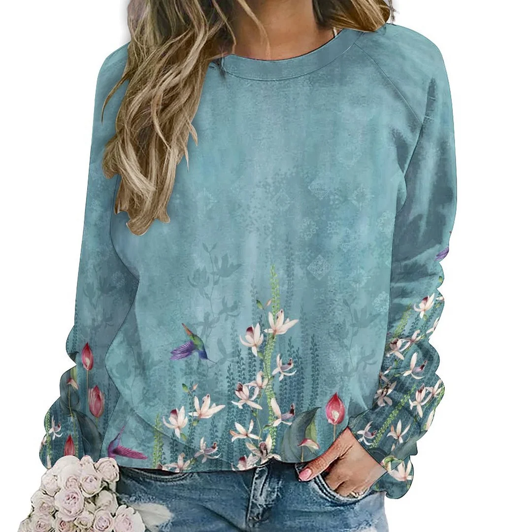 Printed Long Sleeve Casual Sweatshirt for  Women and Men Unisex Pattern Floral, Green, Red