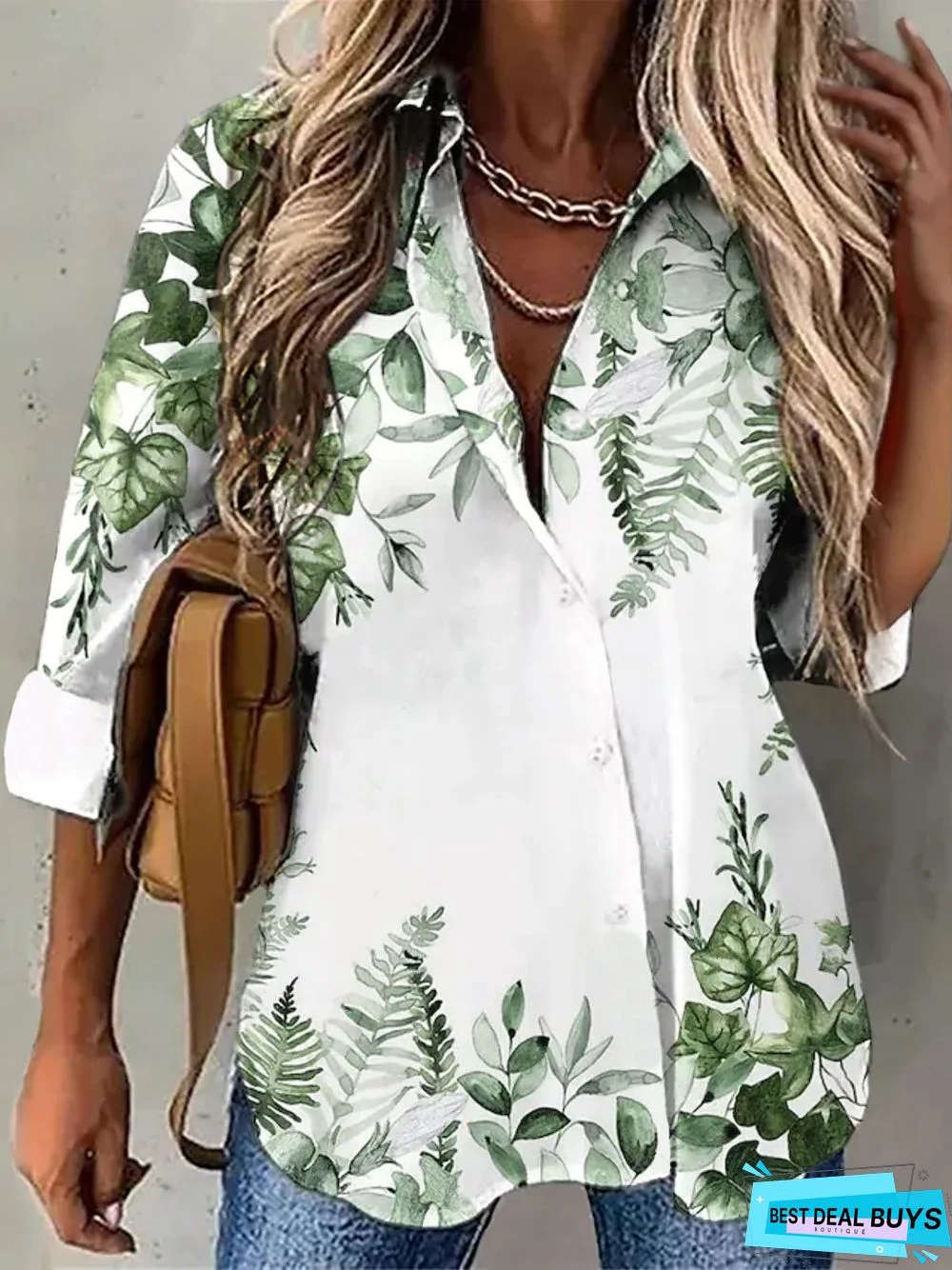 Casual Leaves Long sleeve Shirt Collar Printed Tunic Blouse