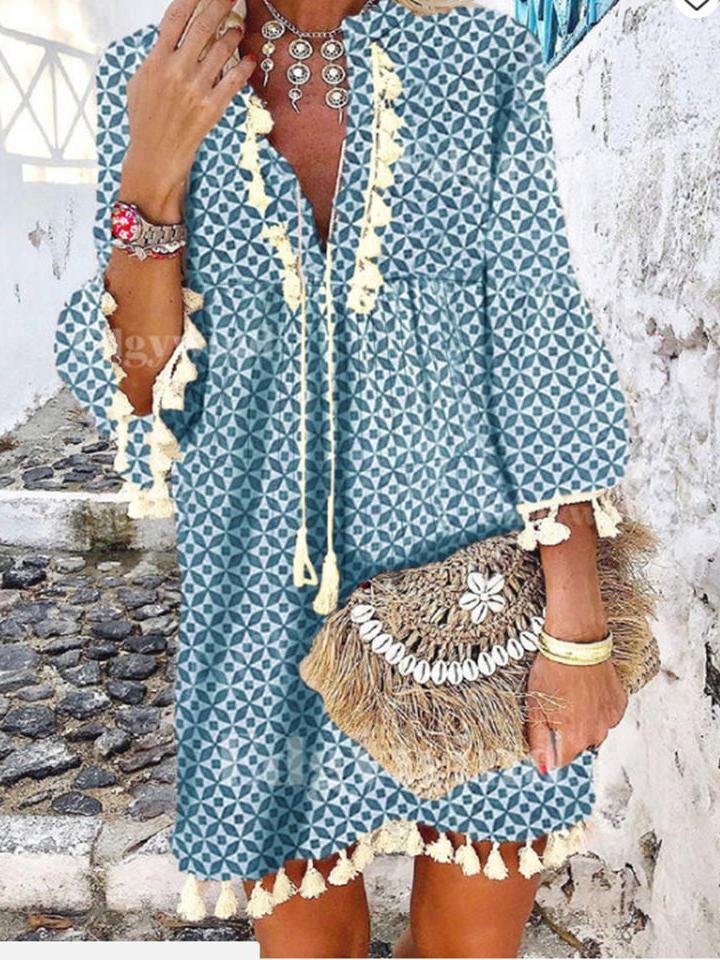 Women's V-neck Long Sleeve Printed Midi Dress