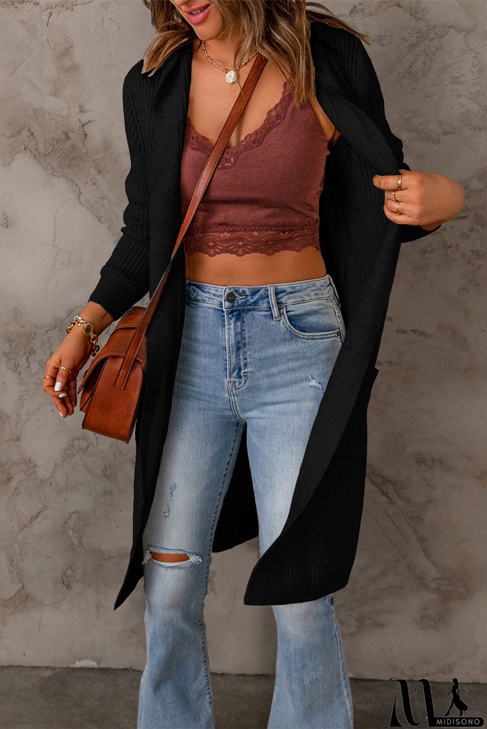 MidiSono - Black Hooded Long Cardigan