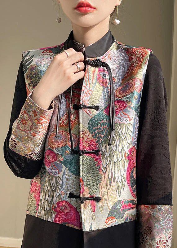 Fine Black Stand Collar Embroidered Waistcoat Sleeveless