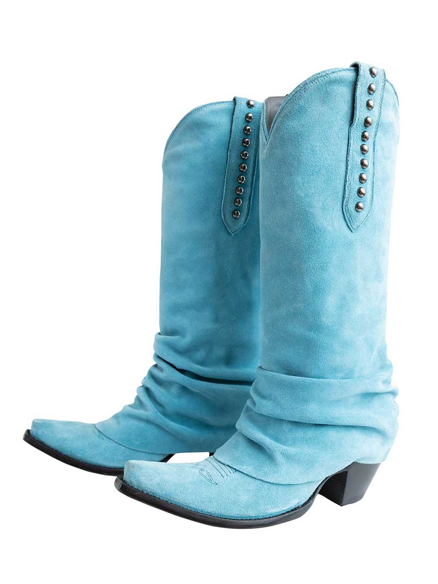 Snip Toe Chunky Heel Studded Knee-High Cowgirl Boots in Blue
