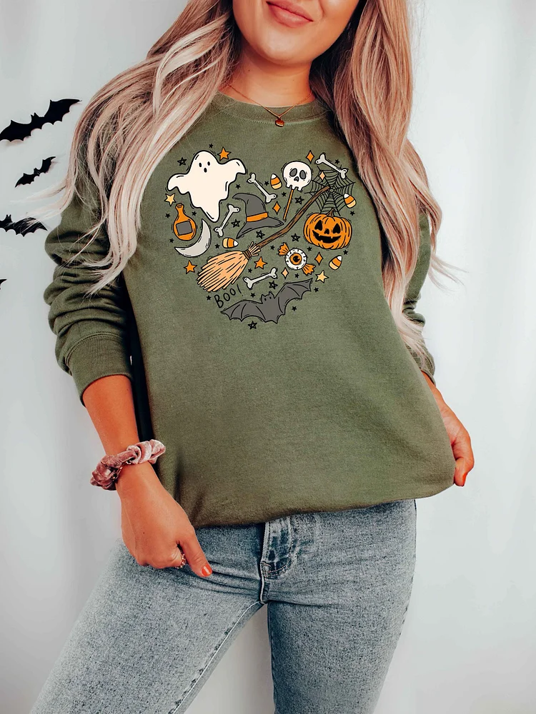 Halloween Ghost Pumpkin Bat Scary Element Heart Print Sweatshirt