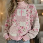 Women's Vintage Floral Cross Art Cozy Knit Turtleneck Sweater - Image 2