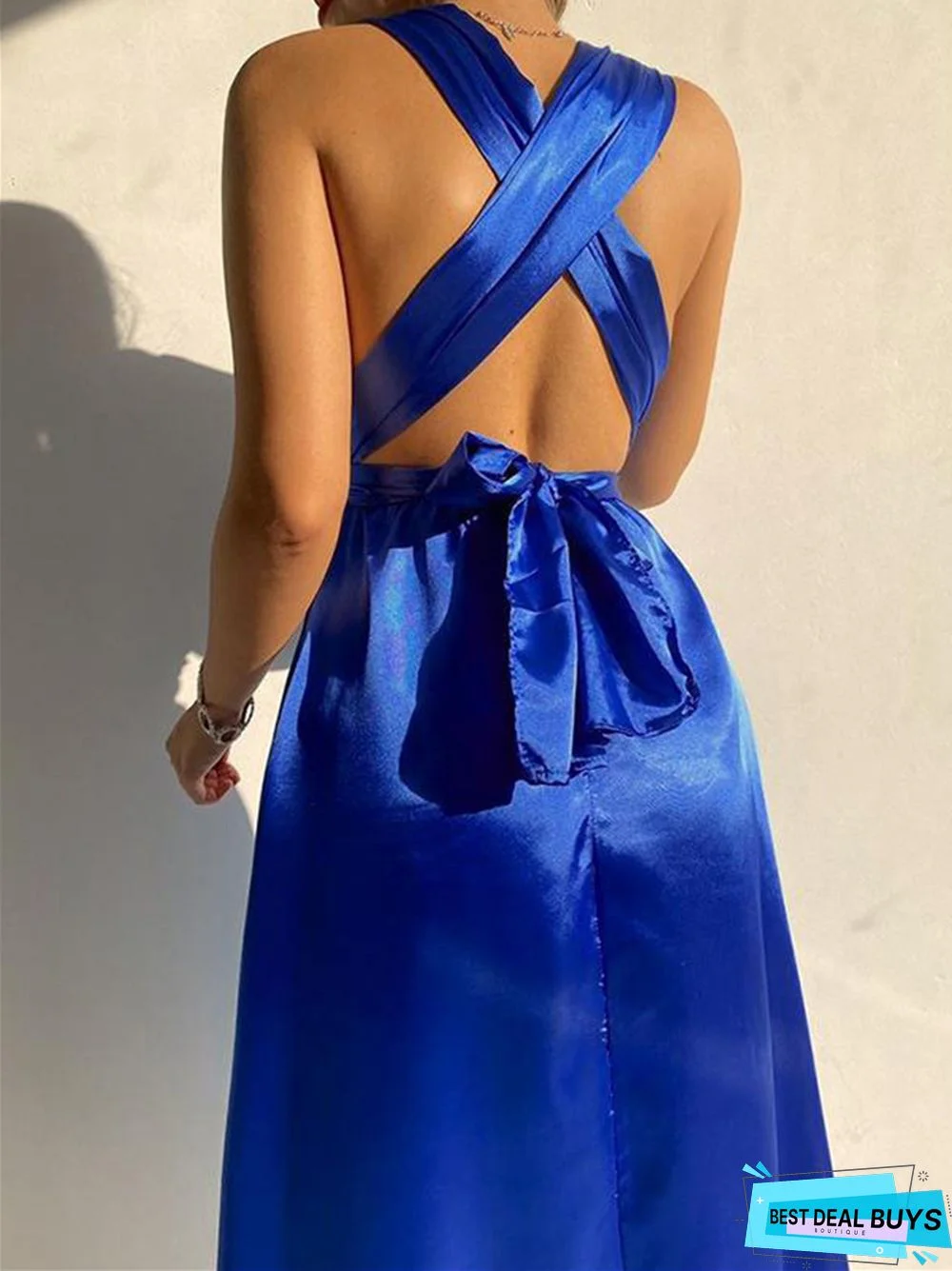 Solid Color Lace-Up V-Neck Sexy Backless Evening Dress