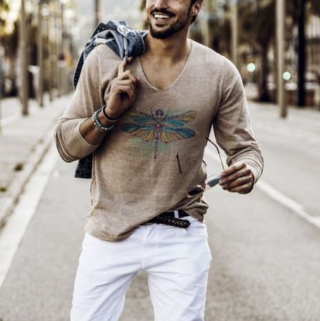 Mens Color Dragonfly Print Long Sleeve Top