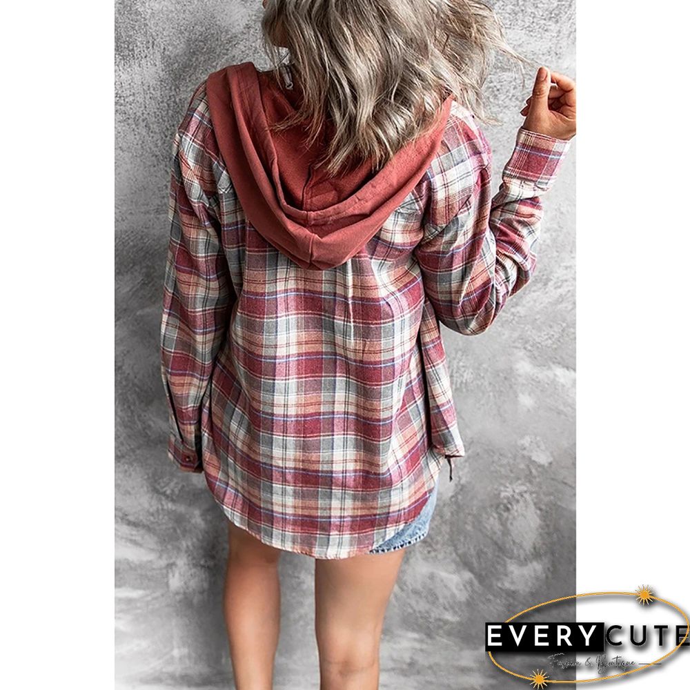 Red Plaid Print Hooded Shirt Jacket