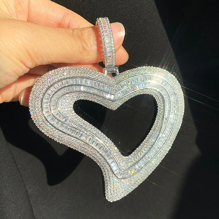Iced Out Baguette Big Hollow Heart Pendant Necklace-VESSFUL