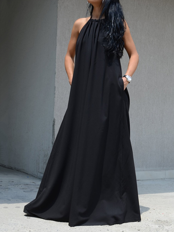 Loose Sleeveless Backless Pockets Solid Color Tied Halter-Neck Maxi Dresses