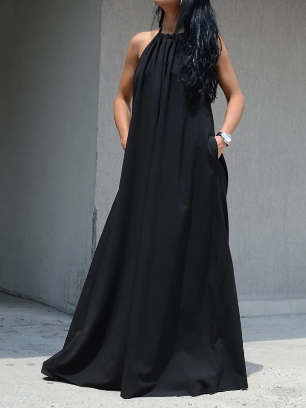 Tied Solid Color Pockets Backless Sleeveless Loose Halter-Neck Maxi Dresses