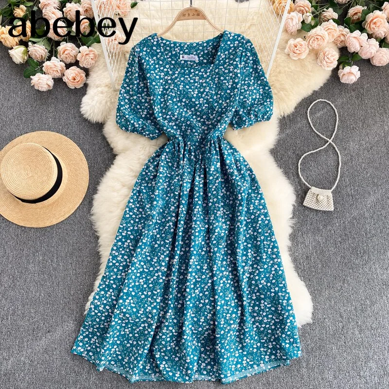 Women French Floral Dress Sweet Puff Sleeve Square Collar A-line Dresses Summer Bohemian Print Vacation Midi Sundress