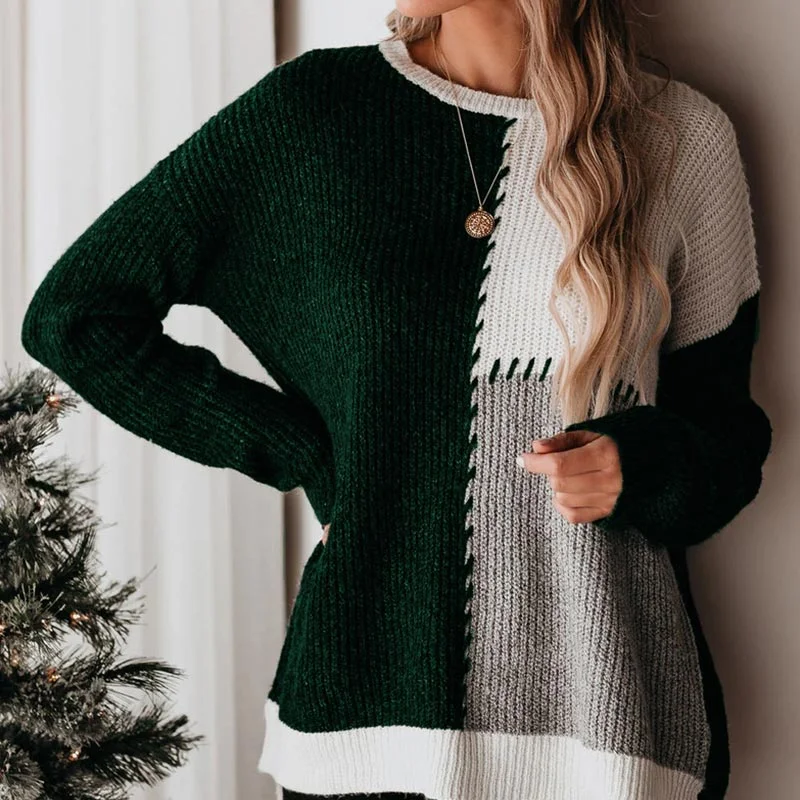 Gentillove Vintage Color Block Pullovers Women Winter Long Sleeve Patchwork Loose Sweater Elegant Knitting Tops Harajuku Jumpers