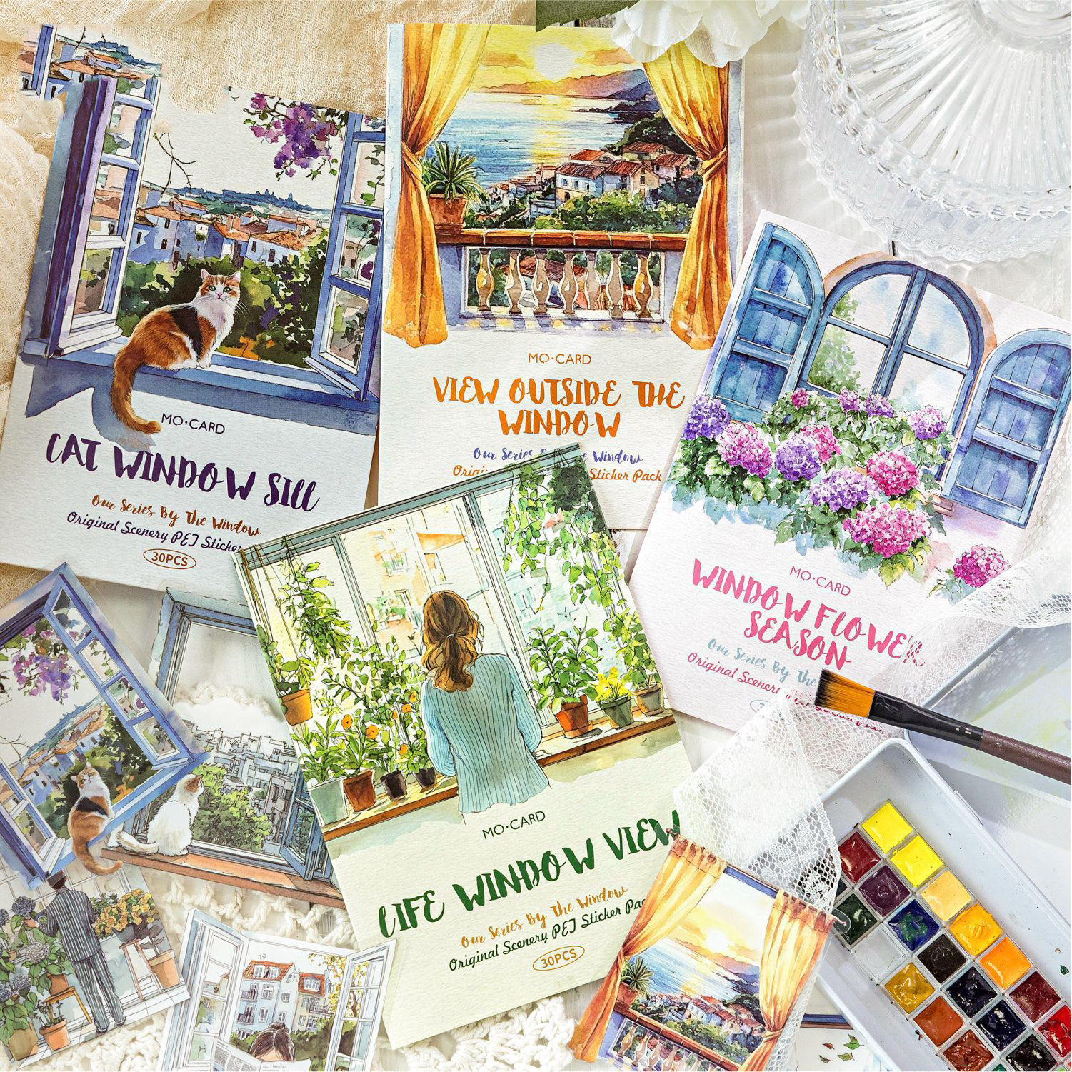 PET 스티커 - We By The Window 시리즈 빈티지 캐릭터 창문 풍경