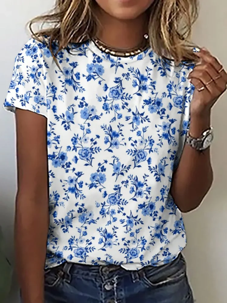 Printed Short Sleeve Casual T-shirt for  Women and Men Unisex Pattern Floral, Blue
