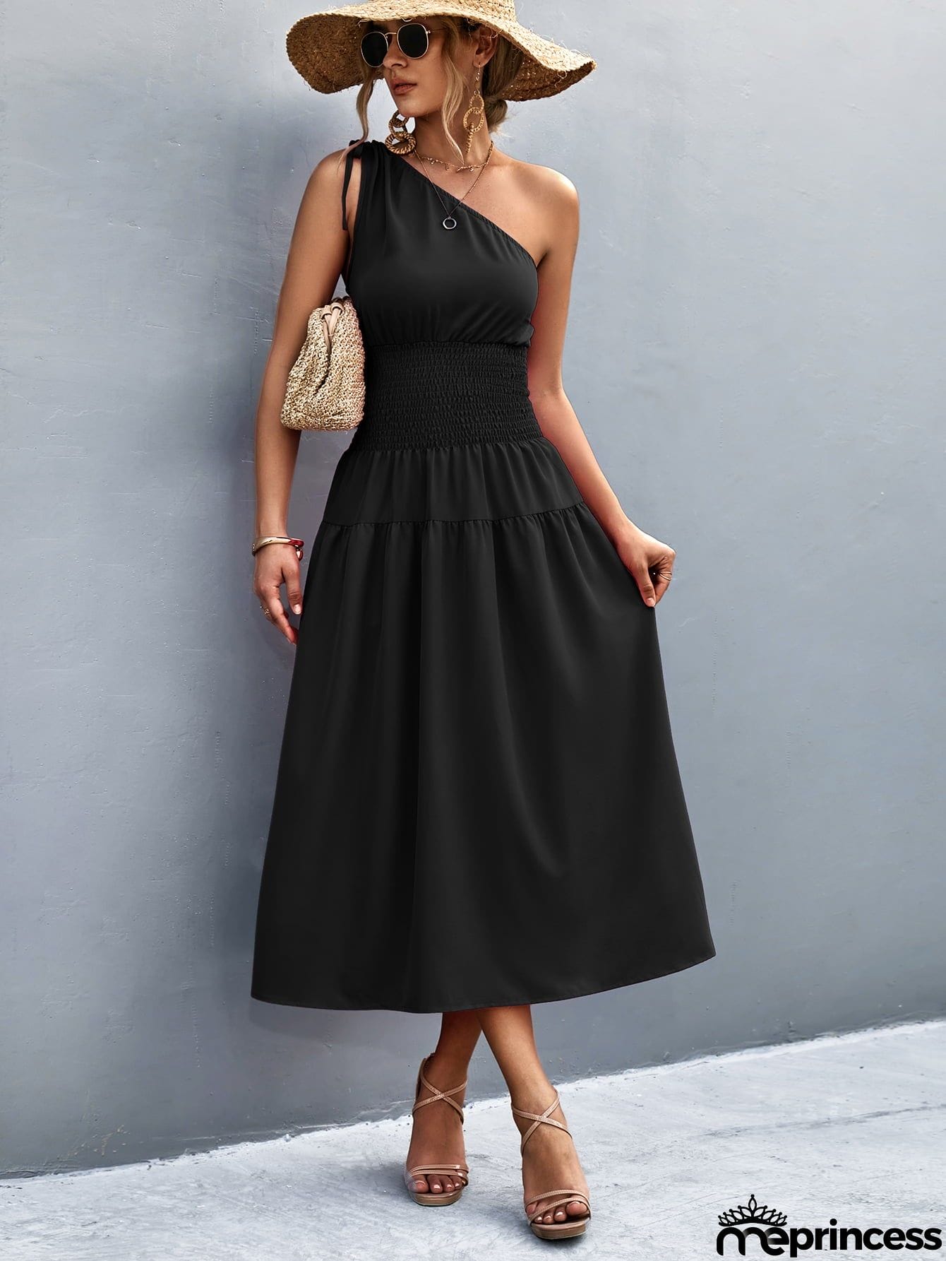 Asymmetrical One Shoulder Smocked Waist Midi Dress