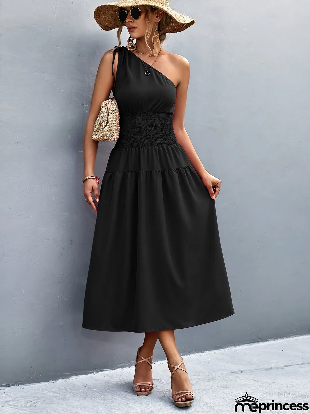 Asymmetrical One Shoulder Smocked Waist Midi Dress